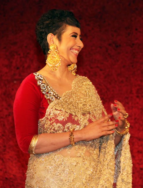 Manisha Koirala in Latest Long Gold Earrings-indianjewellerydesign.com